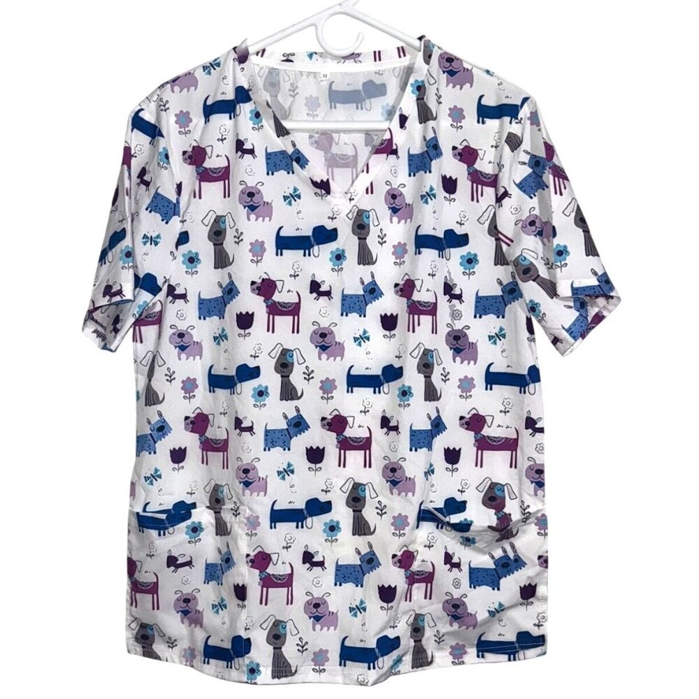 Women’s V-Neck Dog Print Scrub Top Short Sleeve White Purple Blue